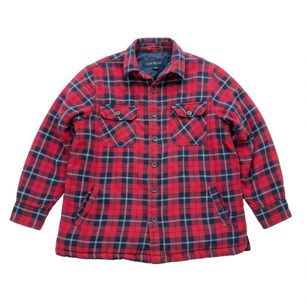 Club Room Mens Shirt Jacket XL Red Blue Plaid Quilted Lined Flannel Cotton Blend